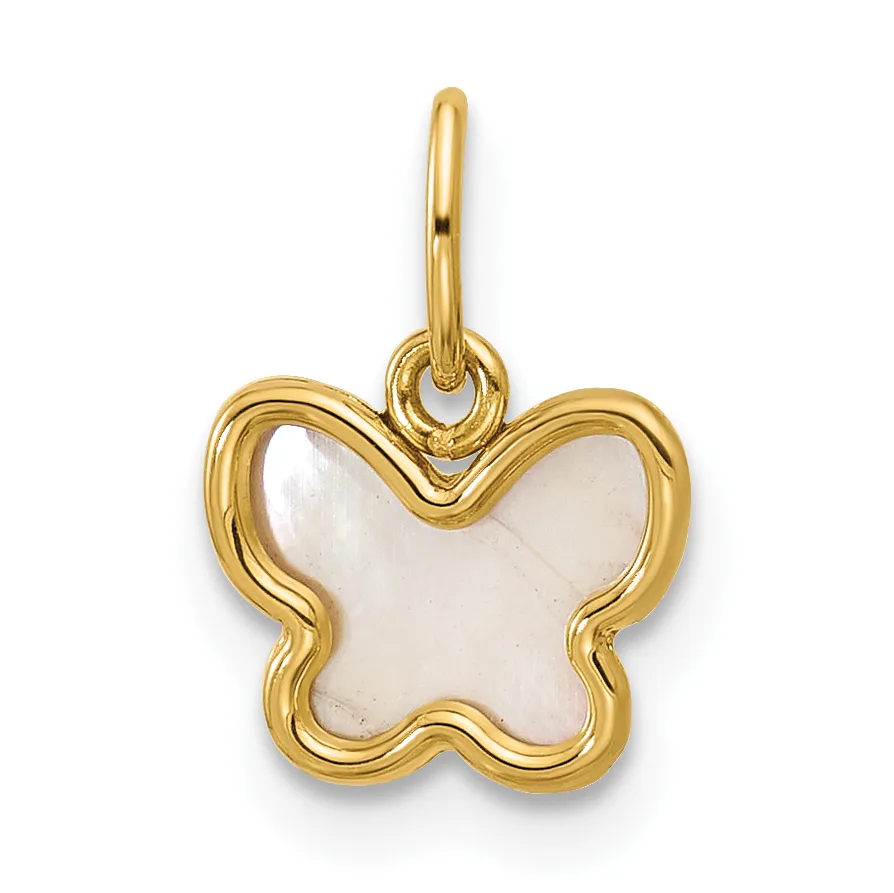 Gold-tone butterfly-shaped pendant with a wavy outline and white mother-of-pearl center, suspended from a matching bail.