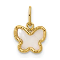 Gold-tone butterfly-shaped pendant with a wavy outline and white mother-of-pearl center, suspended from a matching bail.