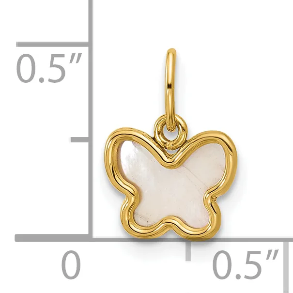 Gold-toned butterfly charm with mother-of-pearl center, shown next to a ruler indicating approximately half an inch in height and width.