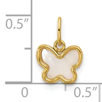 Gold-toned butterfly charm with mother-of-pearl center, shown next to a ruler indicating approximately half an inch in height and width.