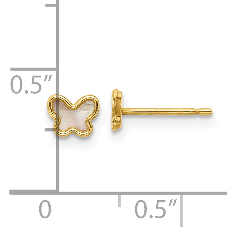 A pair of gold stud earrings with four-lobed clover shapes featuring mother-of-pearl centers, shown front and side view with measurement scale indicating approximately 0.5 inches in height.