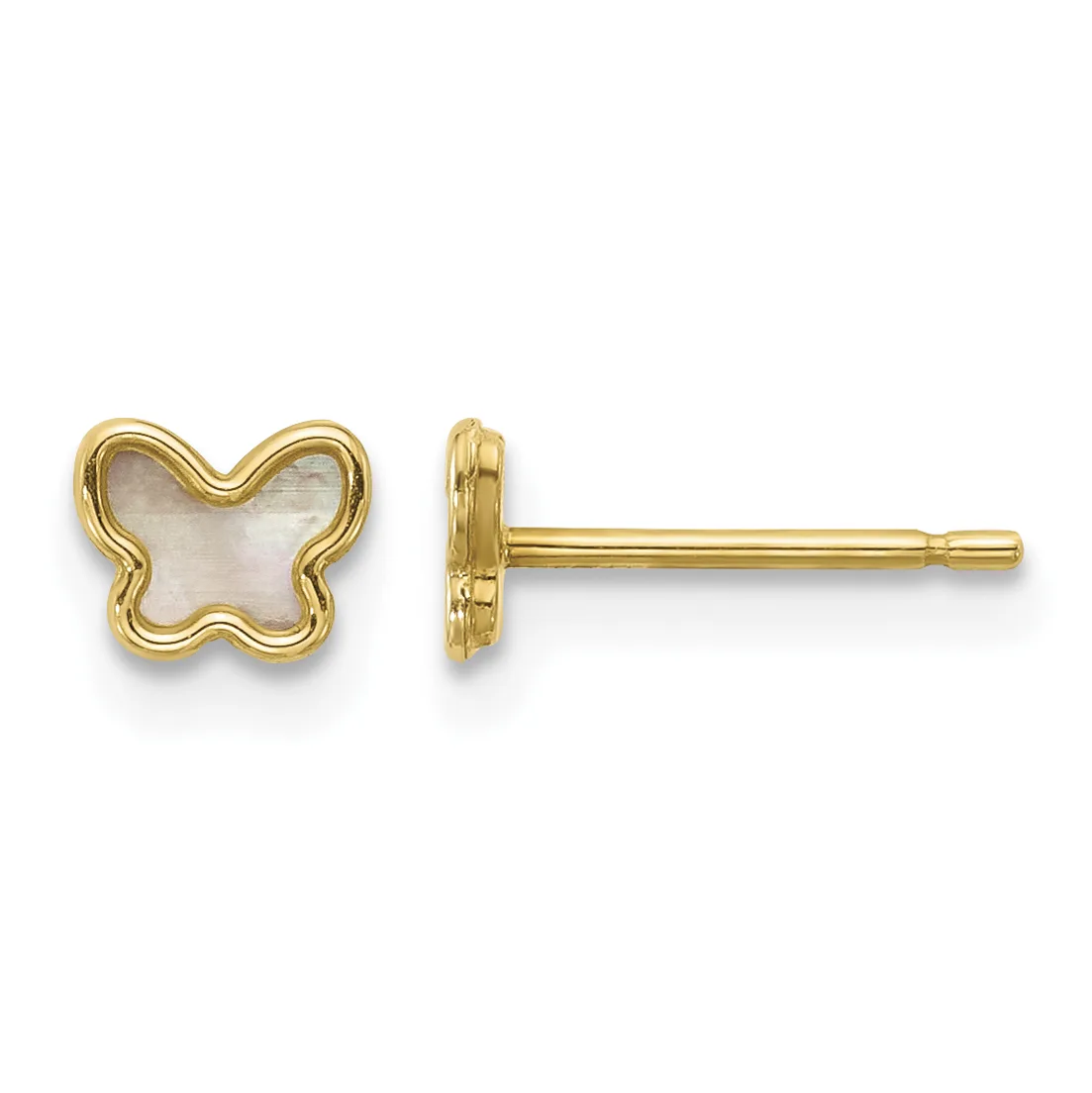 A pair of gold stud earrings with butterfly-shaped mother-of-pearl faces and gold posts displayed from front and side views.