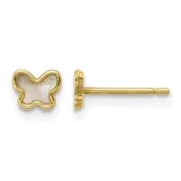 A pair of gold stud earrings with butterfly-shaped mother-of-pearl faces and gold posts displayed from front and side views.
