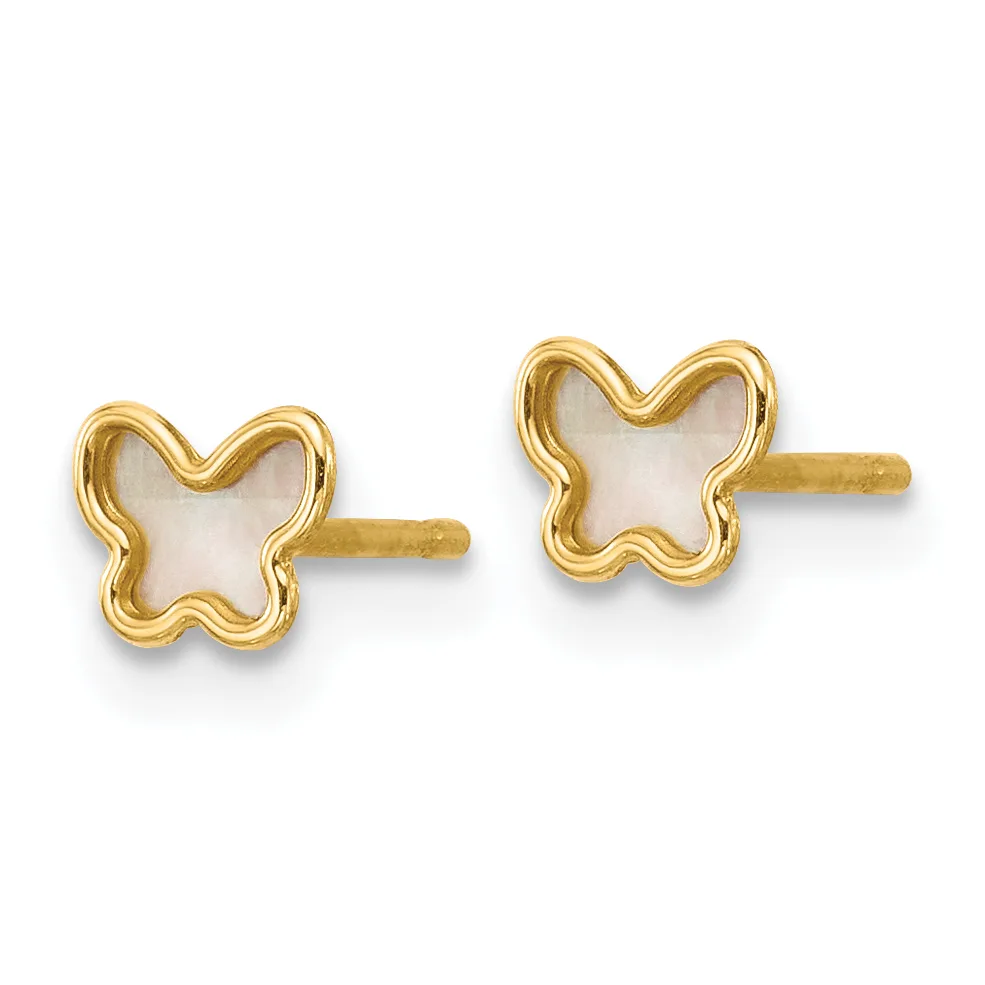 A pair of gold stud earrings with wavy four-lobed flower shapes and mother-of-pearl centers.