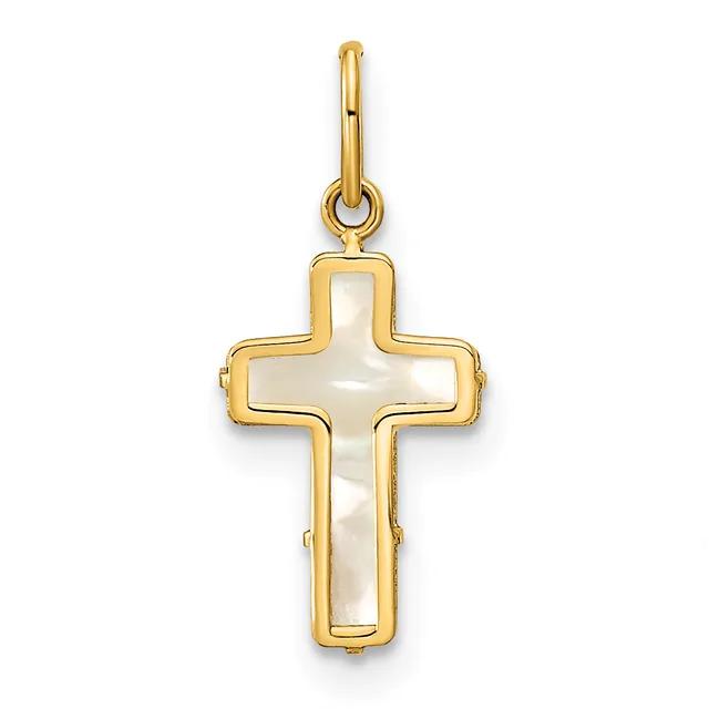 Gold cross pendant with mother-of-pearl inlay and a small loop at the top for attaching to a chain.