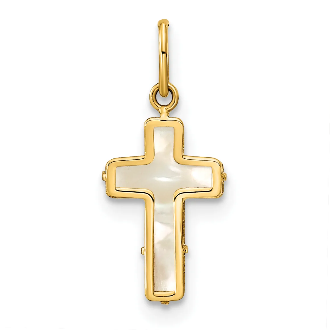 Gold cross pendant with mother-of-pearl inlay and a small loop at the top for attaching to a chain.