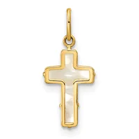 Gold cross pendant with mother-of-pearl inlay and a small loop at the top for attaching to a chain.