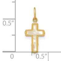 A gold cross pendant with mother-of-pearl inlay shown against a measurement scale indicating approximately 0.5 inches in width and height.