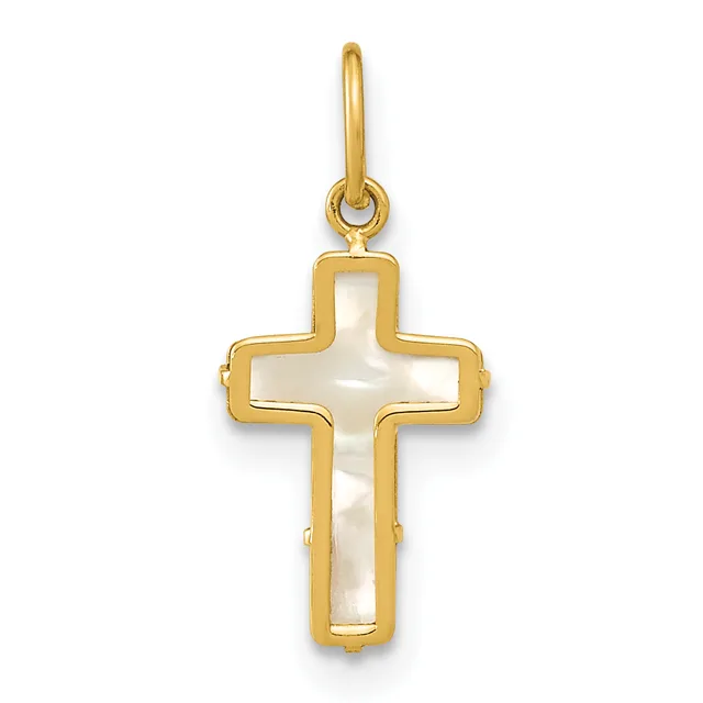 Gold cross pendant with mother-of-pearl inlay center and a small loop attachment at the top.