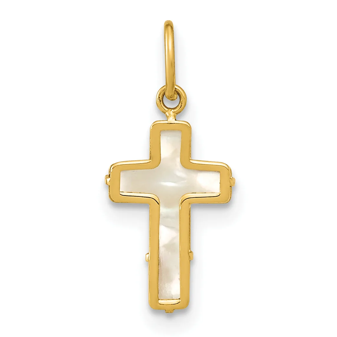 Gold cross pendant with mother-of-pearl inlay center and a small loop attachment at the top.