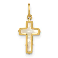 Gold cross pendant with mother-of-pearl inlay center and a small loop attachment at the top.