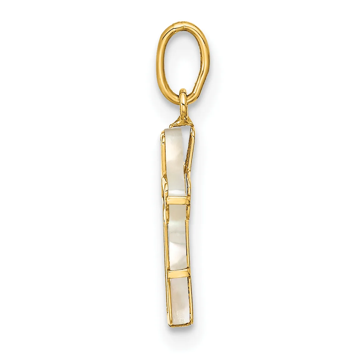 A gold-toned keychain pendant with an oval loop at the top and a rectangular body divided into sections containing white mother-of-pearl inlay.