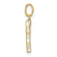 A gold-toned keychain pendant with an oval loop at the top and a rectangular body divided into sections containing white mother-of-pearl inlay.
