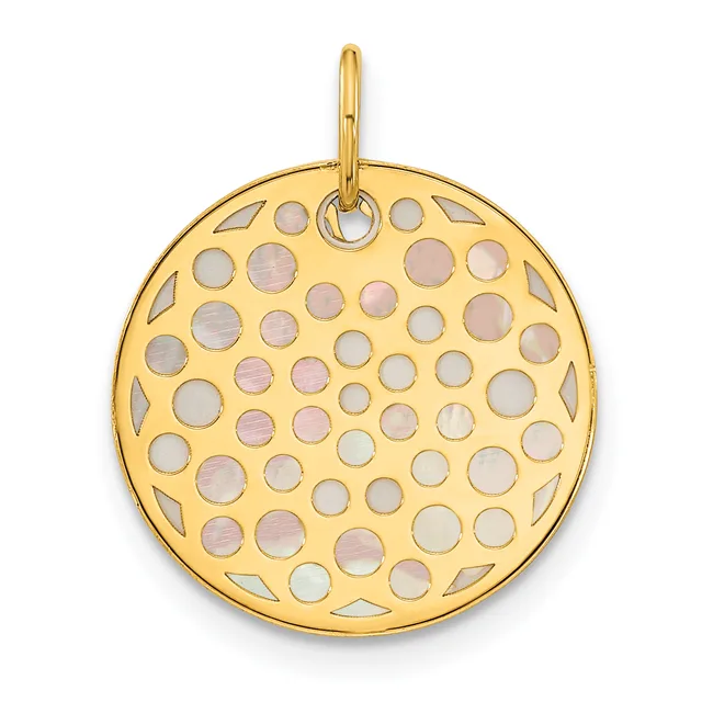 Gold-toned circular pendant with cutout circles and diamond shapes throughout, suspended from a bail loop at the top.