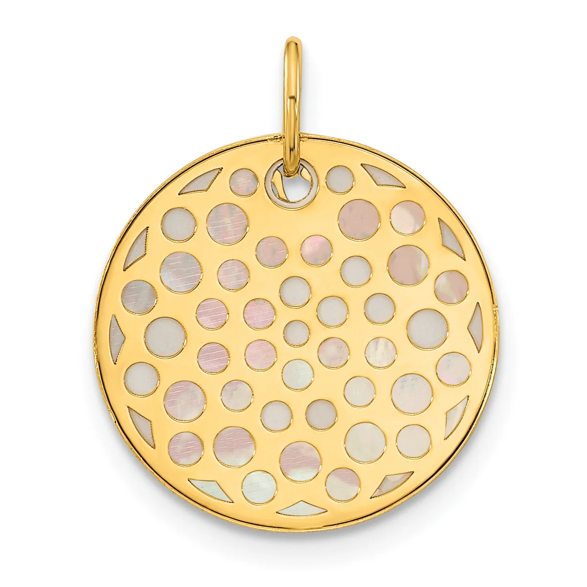 Gold-toned circular pendant with cutout circles and diamond shapes throughout, suspended from a bail loop at the top.