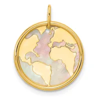 Gold circular pendant with cutout world map design showing continents in gold against mother-of-pearl shell inlay background.