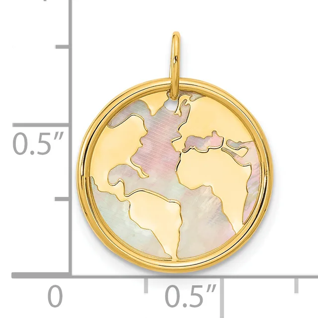Gold-toned circular pendant with a world map design in mother-of-pearl inlay, shown next to a measurement scale indicating approximately half an inch in diameter.