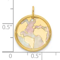 Gold-toned circular pendant with a world map design in mother-of-pearl inlay, shown next to a measurement scale indicating approximately half an inch in diameter.