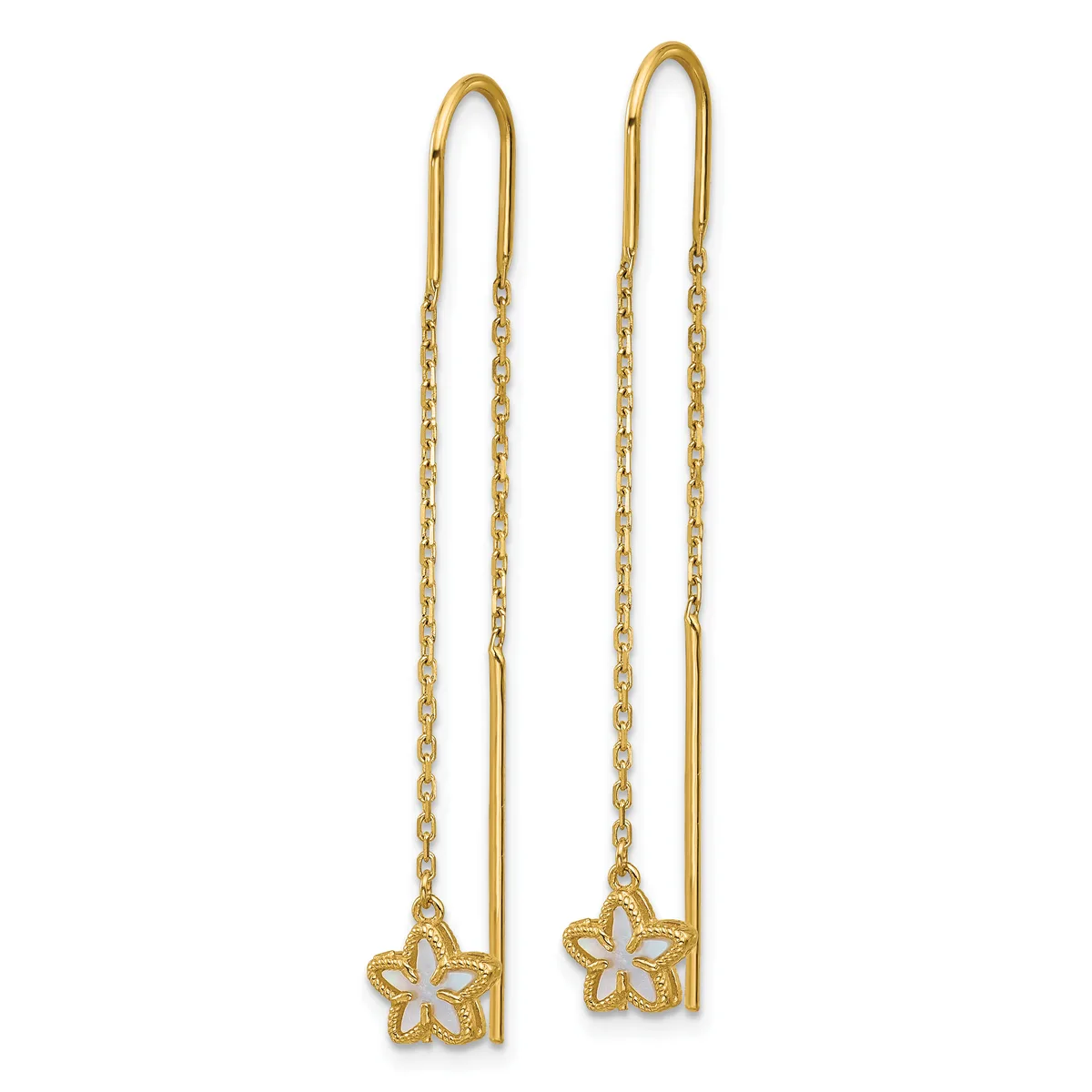 Pair of gold threader earrings with delicate chain strands and small star-shaped charms with white enamel centers.