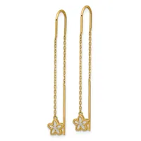 Pair of gold threader earrings with delicate chain strands and small star-shaped charms with white enamel centers.
