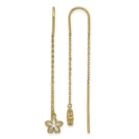 Pair of gold-colored threader earrings with delicate chain strands, one featuring a small star charm and the other plain, displayed against a white background.