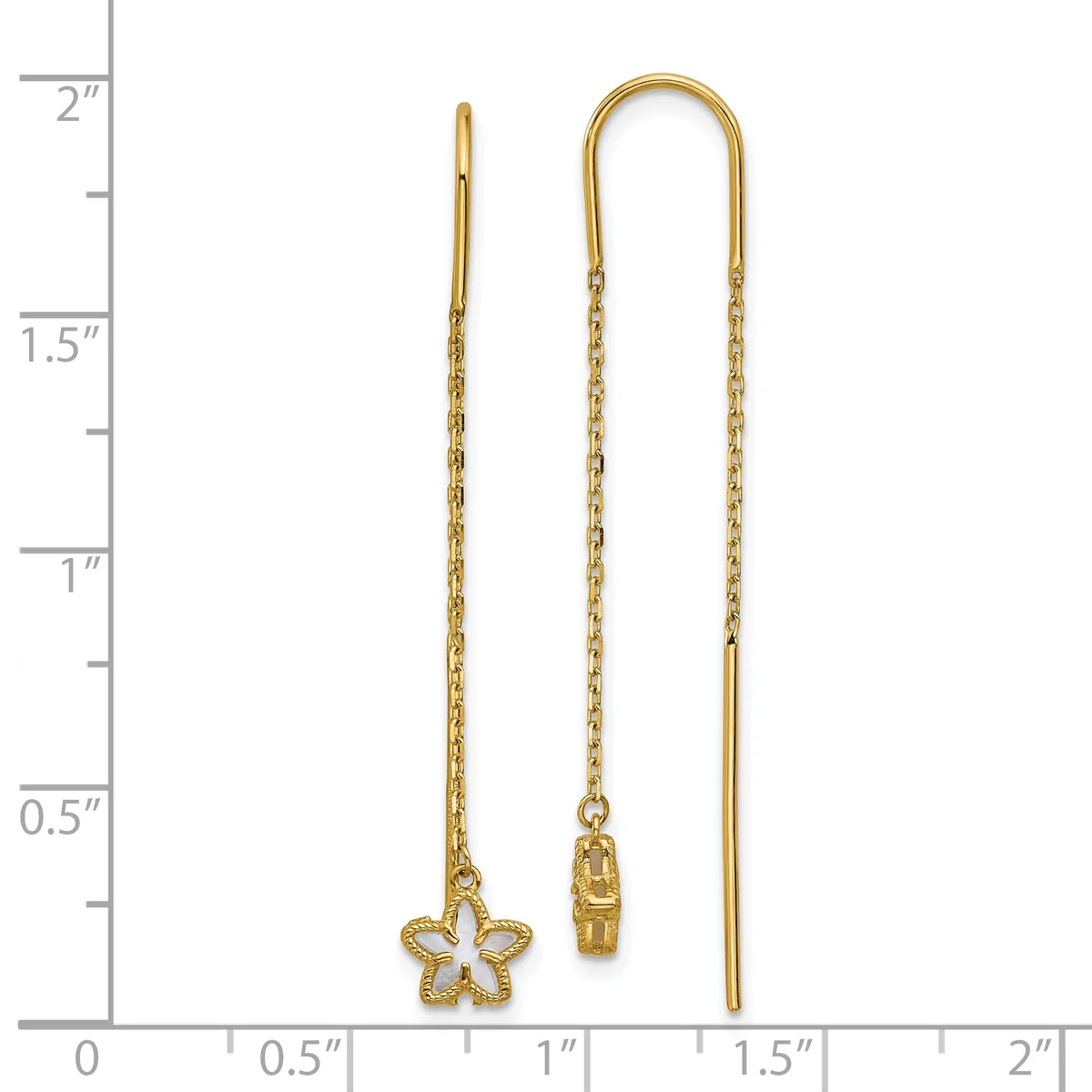 Three gold-toned threader earrings displayed against a ruler showing measurements up to two inches, featuring a star charm, a cylindrical charm, and a plain design.