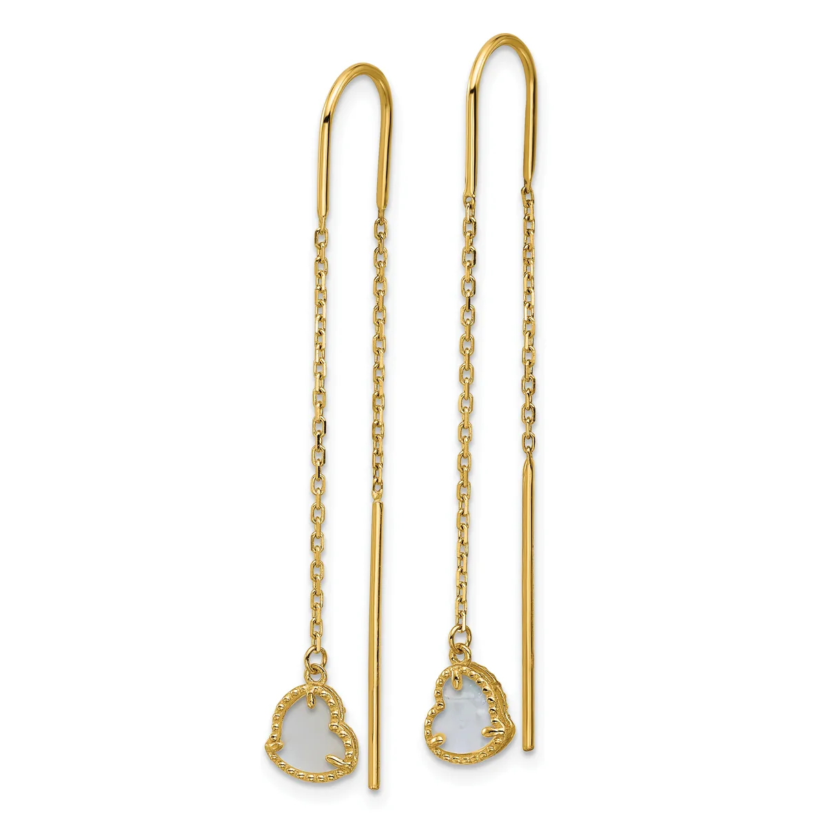 Pair of gold threader earrings with delicate chain and small heart-shaped white stone pendants.