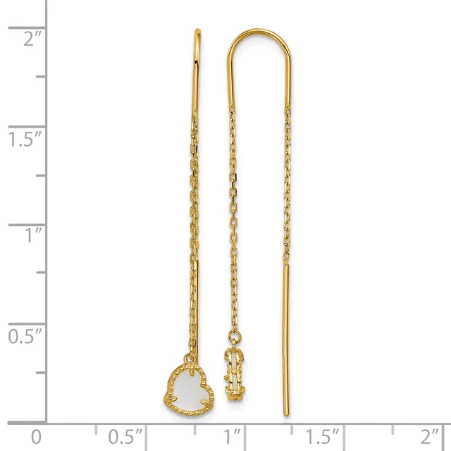 Two gold threader earrings with delicate chain strands and small decorative pendants, displayed against a measurement ruler showing approximately two inches in length.