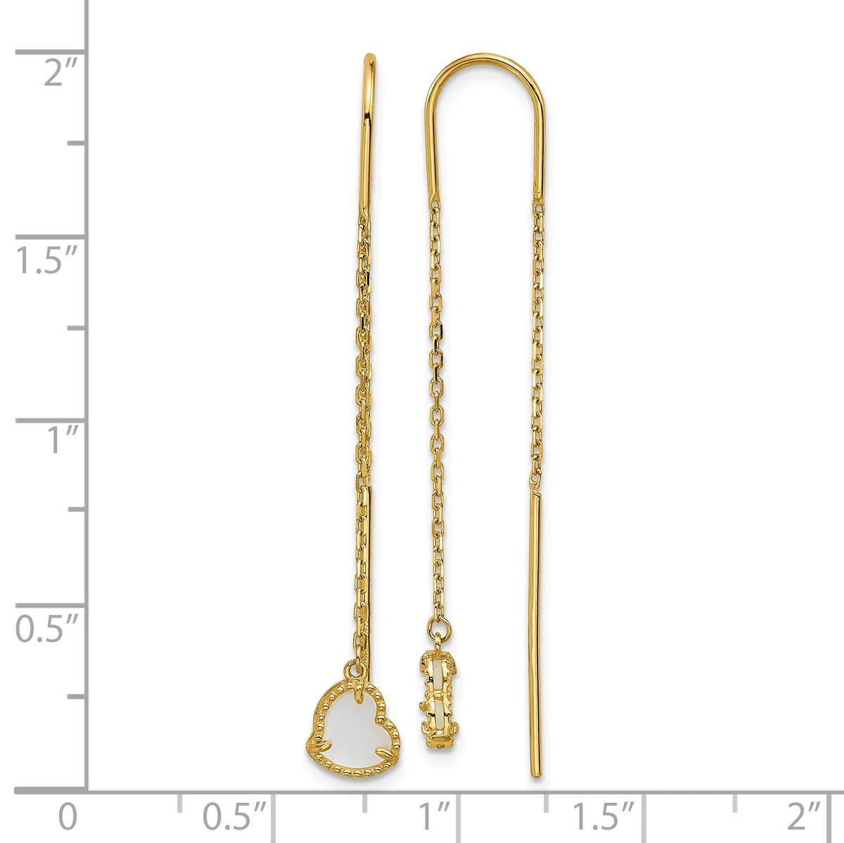 Two gold threader earrings with delicate chain strands and small decorative pendants, displayed against a measurement ruler showing approximately two inches in length.