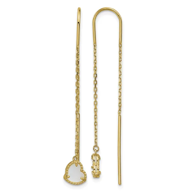 Pair of gold threader earrings with delicate chain strands and small decorative caps at the ends.