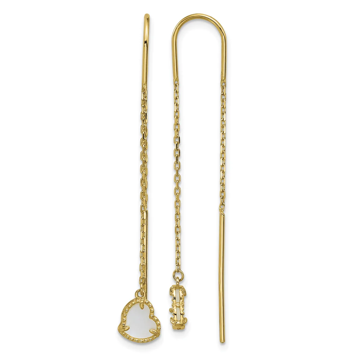 Pair of gold threader earrings with delicate chain strands and small decorative caps at the ends.