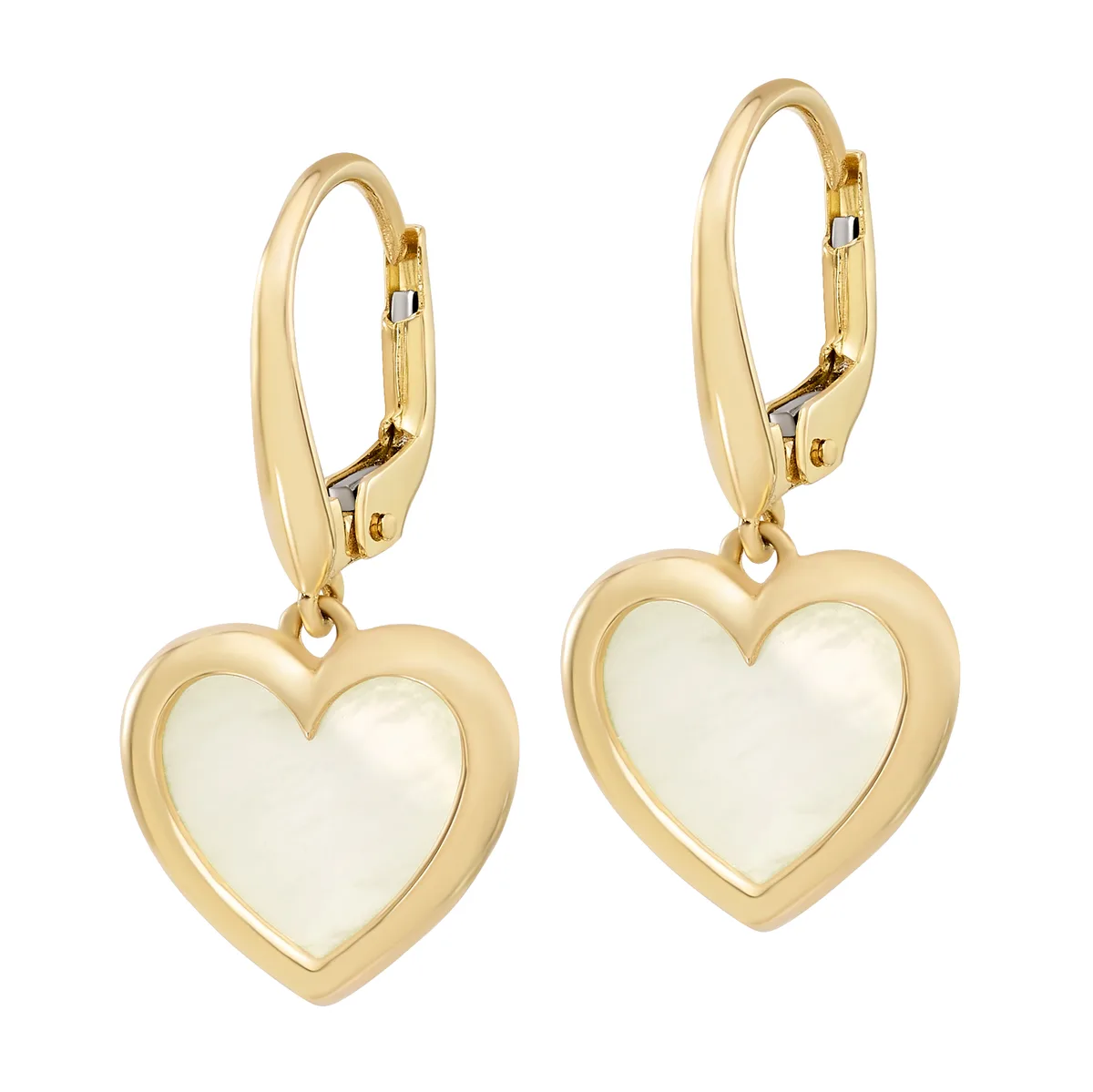 A pair of gold-toned heart-shaped dangle earrings with white mother-of-pearl centers and leverback closures.
