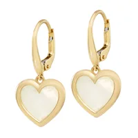 A pair of gold-toned heart-shaped dangle earrings with white mother-of-pearl centers and leverback closures.