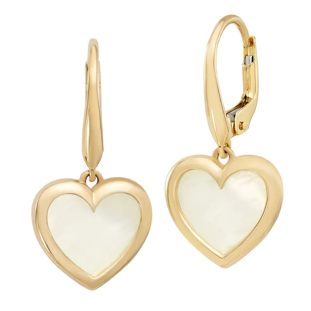 Pair of gold heart-shaped drop earrings with mother-of-pearl centers and leverback closures, shown from front and side views.