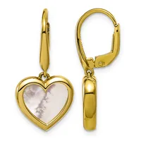 Pair of gold leverback earrings with heart-shaped mother-of-pearl pendants, shown from front and side views.