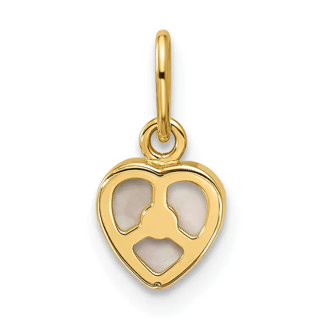 Gold heart-shaped pendant with cutout paw print design and frosted stone inlay, suspended from a gold bail.