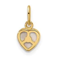 Gold heart-shaped pendant with cutout paw print design and frosted stone inlay, suspended from a gold bail.