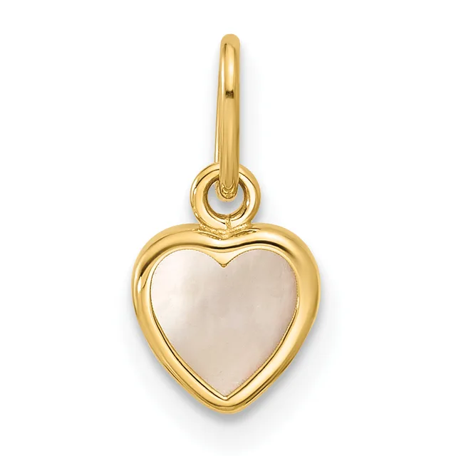 Gold heart pendant with mother-of-pearl center and bail loop, displayed against a white background.