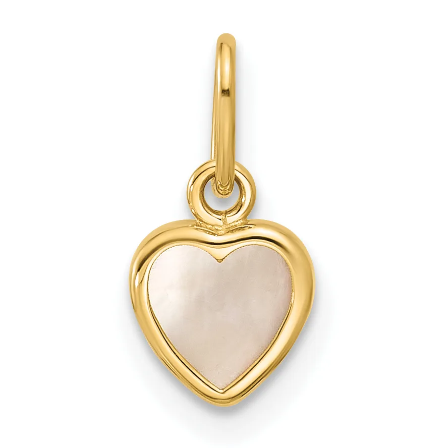 Gold heart pendant with mother-of-pearl center and bail loop, displayed against a white background.