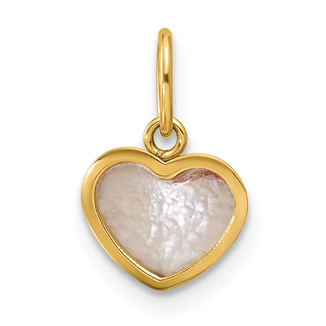 A gold heart-shaped pendant with a mother-of-pearl center stone and a looped bail at the top.