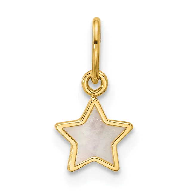Gold star-shaped pendant with mother-of-pearl center and matching gold bail, displayed against a white background.