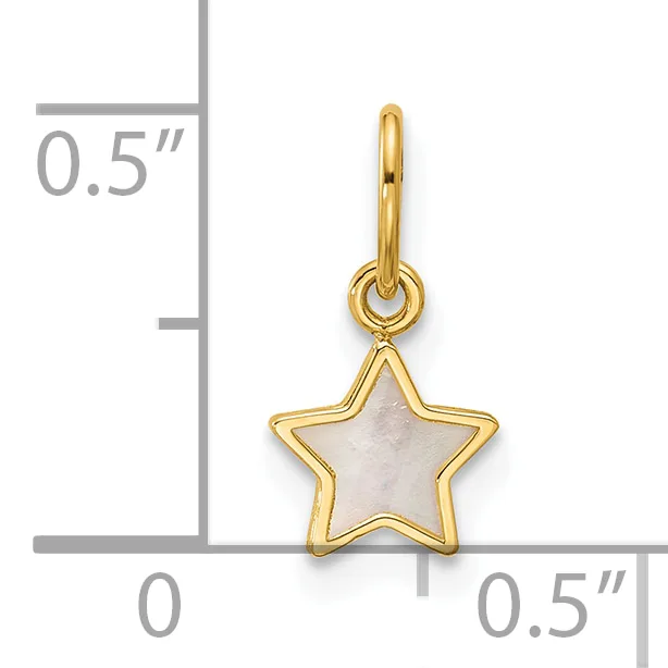 A gold star charm with a white mother-of-pearl center, suspended from a gold loop, shown next to a measurement scale indicating approximately 0.5 inches in width and height.