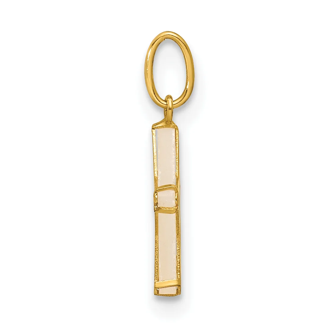 Gold-toned rectangular pendant with cream-colored stone panels and a gold oval loop at the top, shown hanging against a white background.