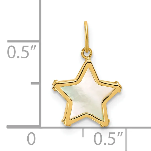 Gold-toned star pendant with mother-of-pearl center stone shown against a measurement scale indicating approximately 0.5 inches in width and height.
