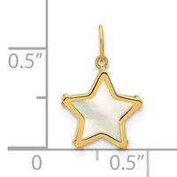 Gold-toned star pendant with mother-of-pearl center stone shown against a measurement scale indicating approximately 0.5 inches in width and height.