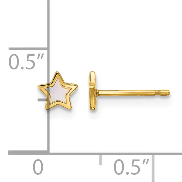 Pair of gold star-shaped stud earrings with white enamel centers, shown front and side view with a measurement scale indicating 0.5 inches.