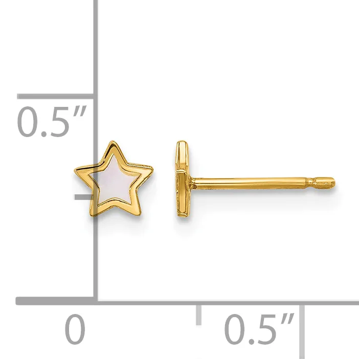 Pair of gold star-shaped stud earrings with white enamel centers, shown front and side view with a measurement scale indicating 0.5 inches.