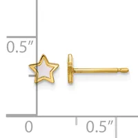 Pair of gold star-shaped stud earrings with white enamel centers, shown front and side view with a measurement scale indicating 0.5 inches.