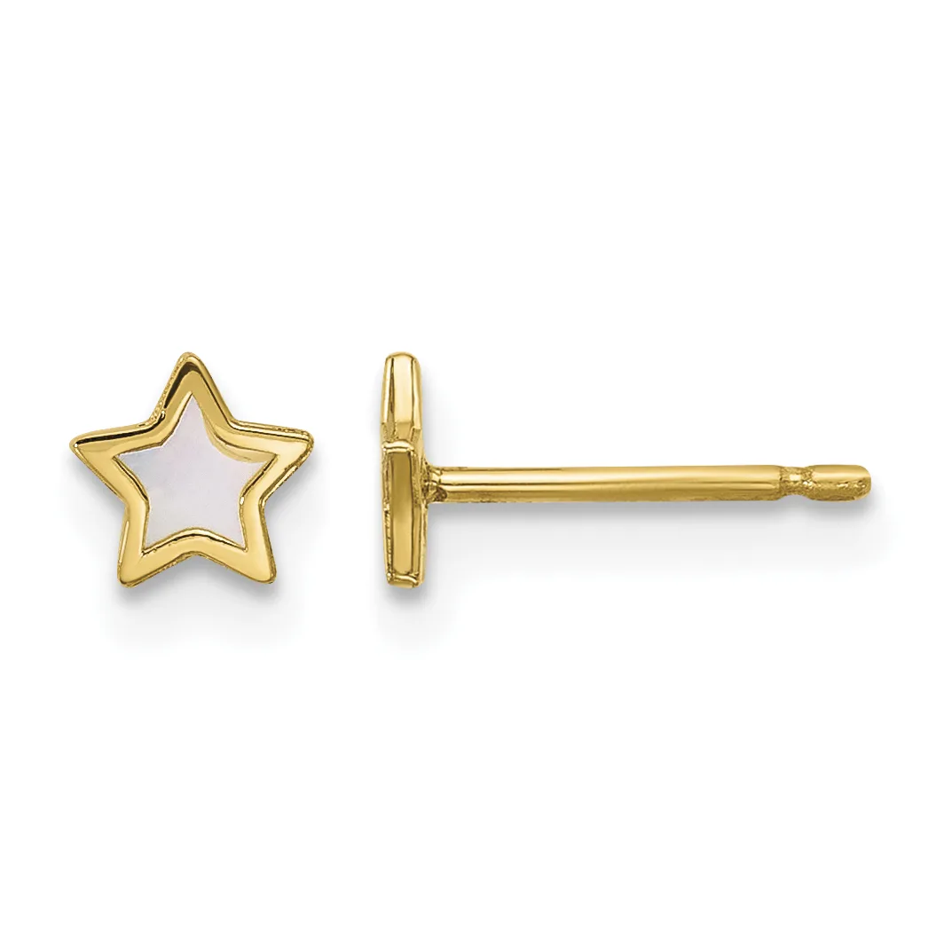 Pair of gold star stud earrings with white enamel centers, shown from front and side views.