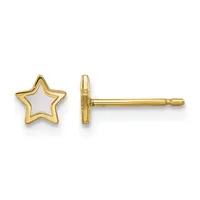 Pair of gold star stud earrings with white enamel centers, shown from front and side views.